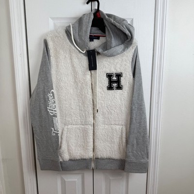 Tommy Hilfiger Sherpa Zip Hoodie Jacket Womens L Varsity H Logo Gray NWT