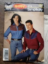 2004 Simplicity 4751 Western COWBOY SHIRT Yoke Womens Mens  Pattern XXS-XL Ranch