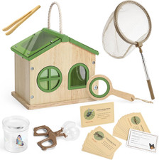 Bug Catcher for Kids - Wooden Bug Habitat with Magnified Viewer, Butterfly Net,