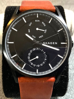 SKAGEN HOLST SKW6347 MEN STAINLESS STEEL 40mm WATCH DAY/DATE LEATHER NEW BATTERY