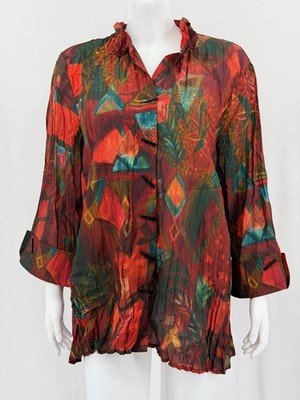 Ali Miles Top Womens 1X Red Sheer Crinkle Button Up Wire Collar Artsy Abstract