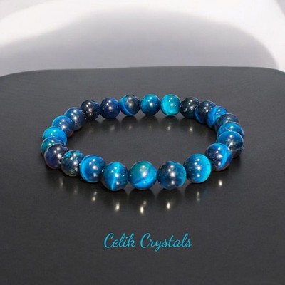 Lake Blue Tiger Eye Bracelet 8mm Beads Unisex
