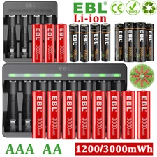 EBL AAA AA Rechargeable Batteries 1200/3000mWh 1.5V Li-ion /Optional Charger Lot