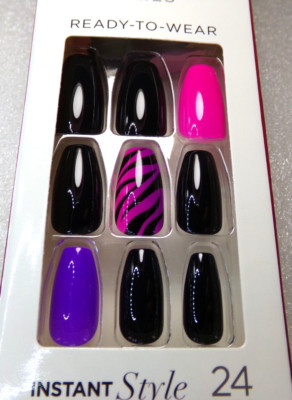 KISS NAILS GLUE ON Medium, Shiny Purple , Black, Pink