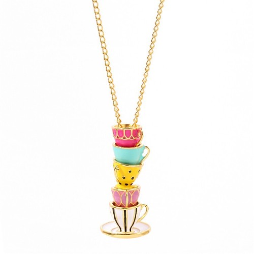 Pastel Tea Cup Necklace - Pink, Blue, Yellow, White, Red - Gold Chain, WHIMSICAL - Picture 5 of 6