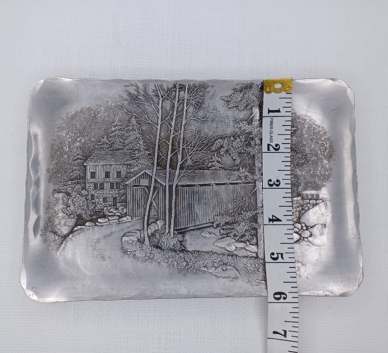 Wendell August Forge Hammered Aluminum Tray 6" x 9" Covered Bridge Scene