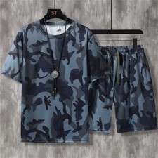 Men Summer Outfit 2-Piece Set Short Sleeve Shirt and Shorts Sweatsuit Set