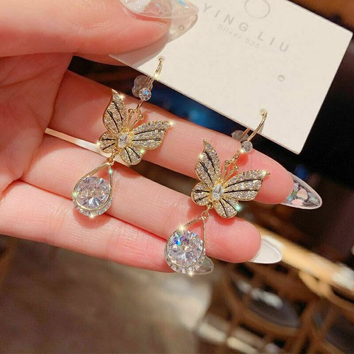Fashion Butterfly Long Tassel Crystal Earrings Women Drop Dangle Ear Stud Gifts - Picture 2 of 4