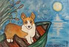Corgi Dog Art Print 8.5 x 11 Pembroke Welsh Moonlight Boat Ride Artist Ksams