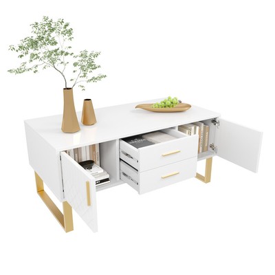 Hochglanz Couchtisch Mit Schubladen, Goldenen Griffen & Einzigartigem Türdesign
