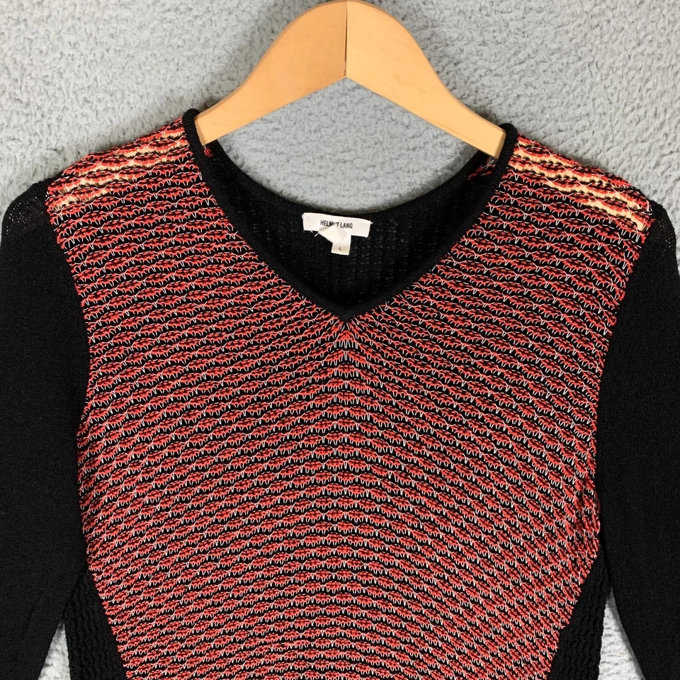 Suéter Helmut Lang Mujer Grande L Negro/Rojo Punto Mixto Cuello en V Mezcla de Lino $345 Foto 2 de 4