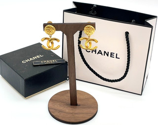 Auth Chanel CC Coco Mark Dangle GD Drop Clip On Earrings WBox SK050215