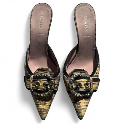 Prada Beige/ Tan Python snakeskinVintage Buckle Embellished Kitten heel mules