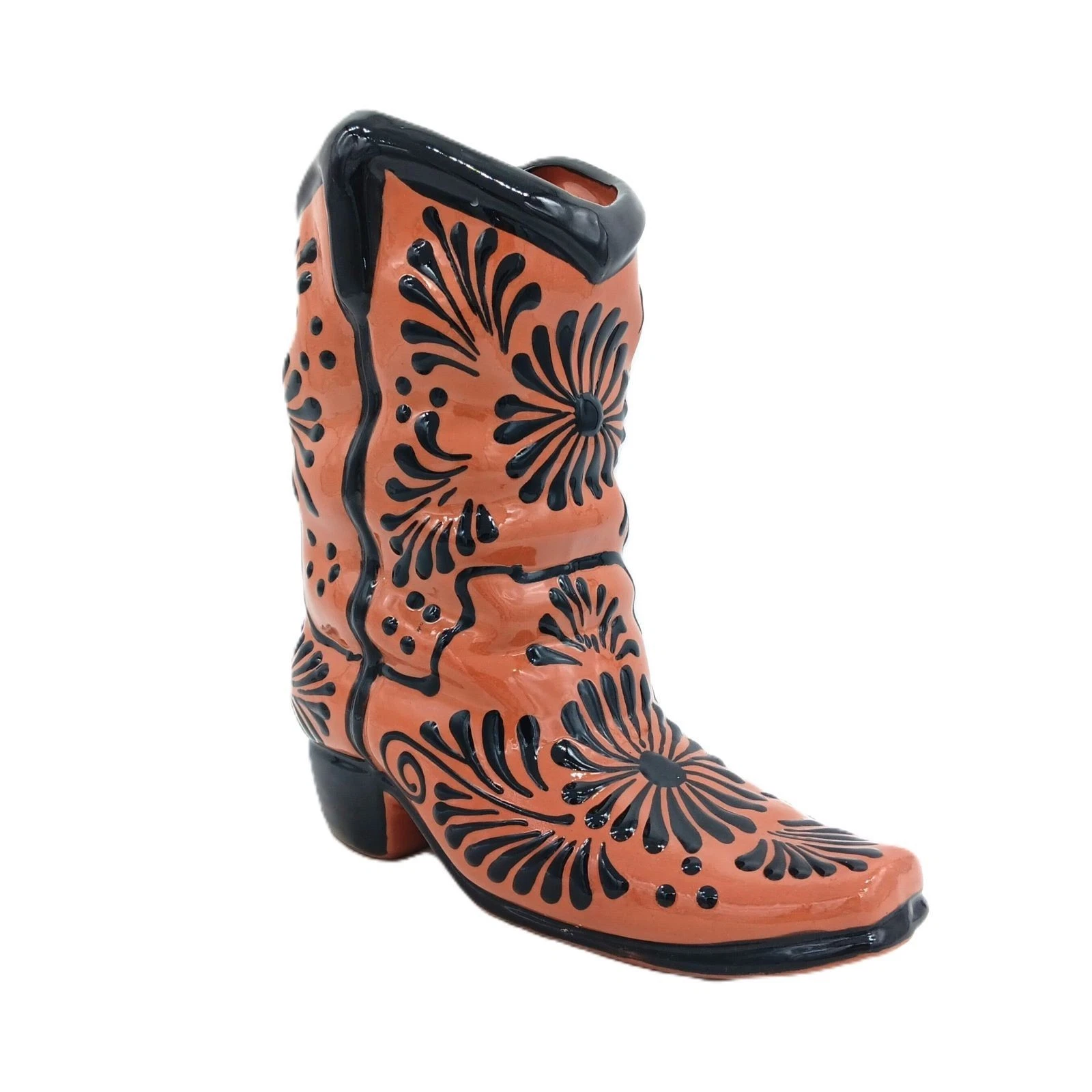 handmade large talavera pottery cowboy boot shape flower vase planter or flower pot mexican hand painted ceramic rustic natural terracotta black color western lodge farm style decor collectible