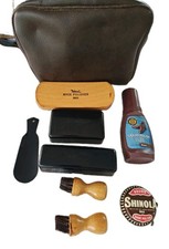 Vintage Shoe Polisher Kit Brushes Brown Leather Case etc.