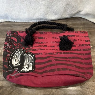 Crash and Burn Red Black Striped Tote Medium Rope Handles Detach Strap Pockets