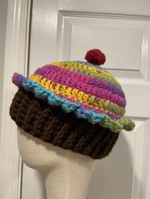 Handmade Crochet Rainbow Chocolate Cupcake Beanie Winter Hat Cozy Comfy Warm