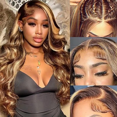 Ombre Lace Front Wigs Human Hair Body Wave 4/27 Honey Blonde 13x4 HD Highligh...