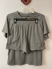 Womens Large Gray Ribbed Shirt  Shorts Comfy Pull-On Stretchy Lounge Set A3037