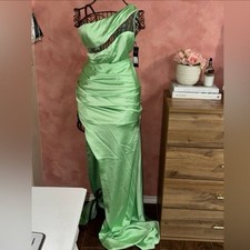 Fashion Nova Lime Green Satin One Shoulder Mesh Cutout Ruched Maxi Gown Dress M