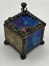 Miniature Iridescent Stained Glass Trinket Box With Looped Slide Lid Ball Feet
