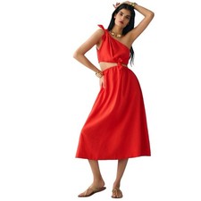 FARM RIO One-Shoulder Cutout Midi Dress Linen Blend Red Tie Detail Size S