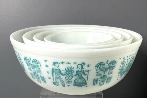 RARE Vintage Set 4 Pyrex Amish Butterprint Turquoise Nesting Mixing Bowls MINT-!