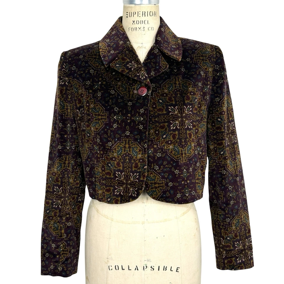 Chaqueta Bolero Vintage Tahari Mujer Terciopelo Berenjena Talla 10 Estampado Marroquí Recortado Foto 2 de 4