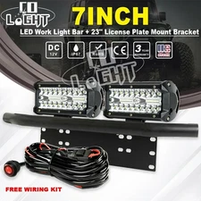 23'' Bull Bar Bumper License Plate Mount Bracket + 7" LED Work Light + Wire Kit