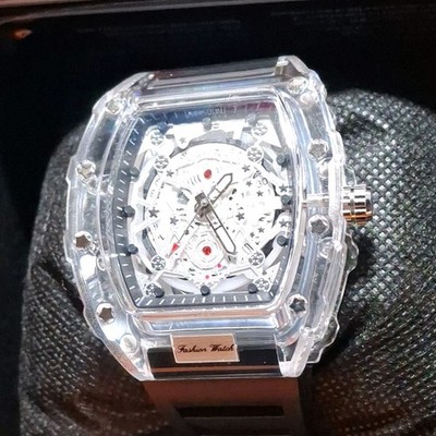 KIMSDUN Tonneau Skeleton Analog Watch Clear Plastic Case Black Rubber Strap