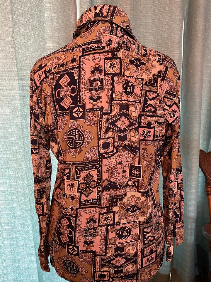 Camisa De Colección Años 70 Cortini Tejido Rosa Azul Elástica DISCO Cuello Mariposa S Foto 4 de 4