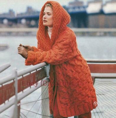 Women Mid Long Sleeve Hooded Cable Knitting Cardigan Long Thick