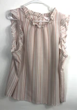 Women's Lauren Conrad White Peach Stripe Round Ruffle Neck Sleeveless Blouse XXL