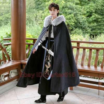 Men Chinese Hanfu Hooded Long Cloak Embroidery Ancient Jacket Warm Cape Coat Top
