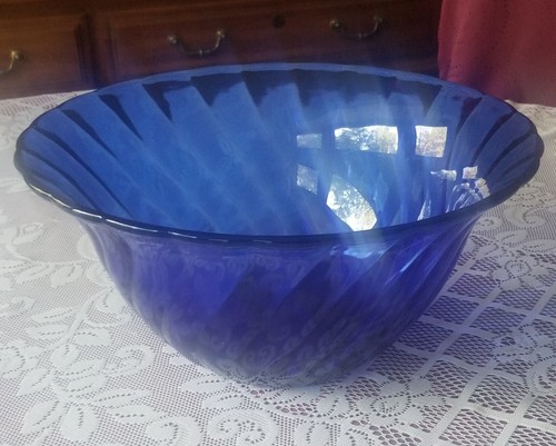 Large Cobalt Blue Glass 11-1/4" Serving Fruit Salad Bowl General Purpose Swirled - Picture 3 of 4
