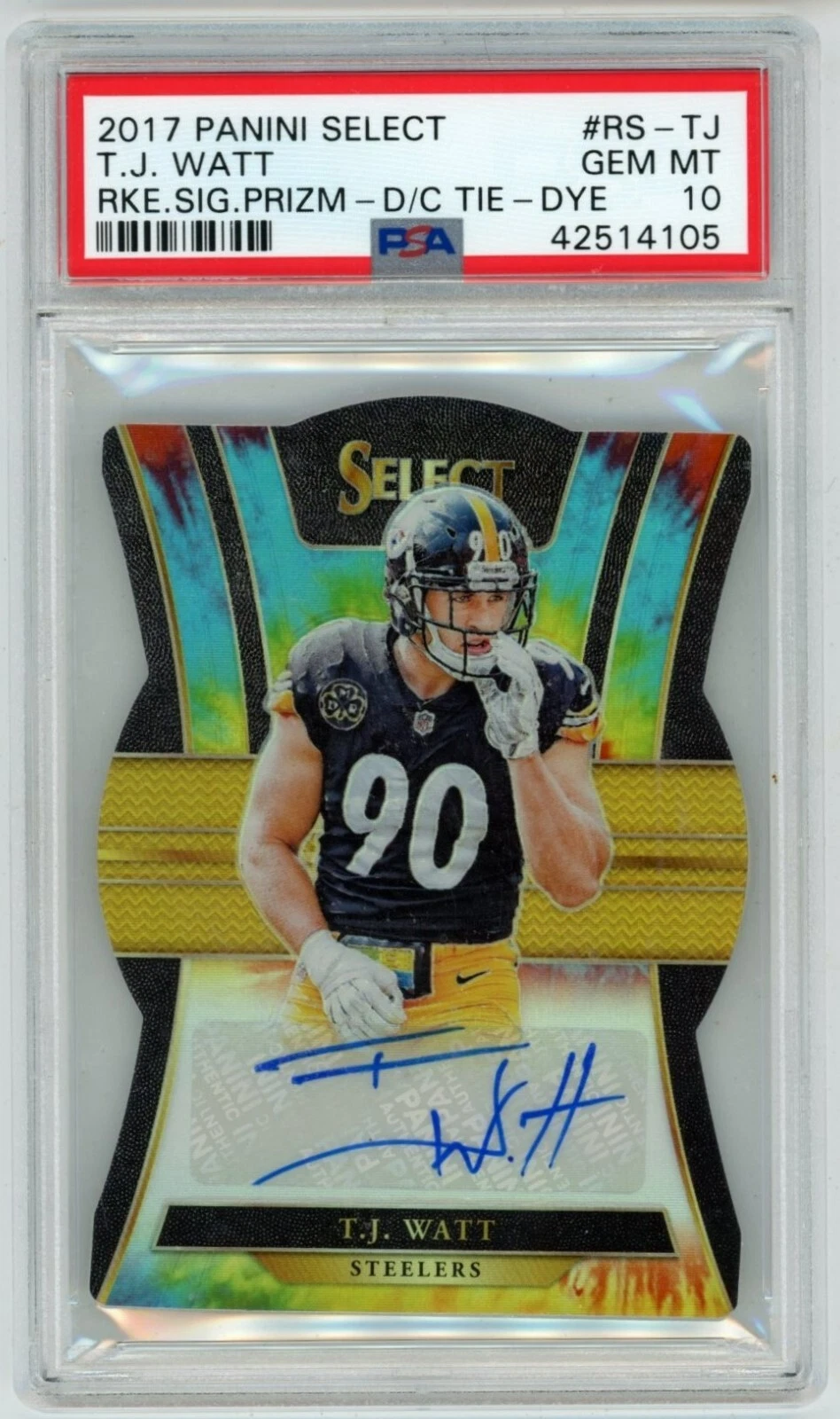 TJ Watt Panini Select Rookie Signatures Prizm #RSTJ Die-Cut Tie-Dye