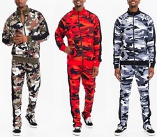 Men's Camo Print Jacket and Track Pants Set Matching Tracksuit Camoflauge Stripe