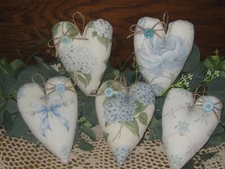 Cottage Charm 5 Assorted Dusty Blue Fabric Hearts Bowl Fillers Wreath Accents