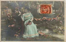 Postcard RPPC Romantic Men Victorian Woman Roses Bridge Nancay Cancel