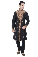 Indian Design Bollywood Black Kurta Sherwani for Men 2pc Suit Worldwide Postage 