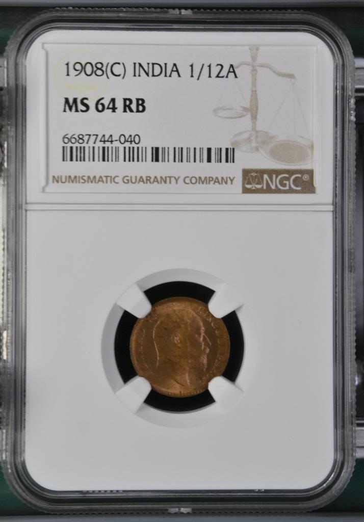 India 1/12 Anna 1908C NGC MS 64 RB