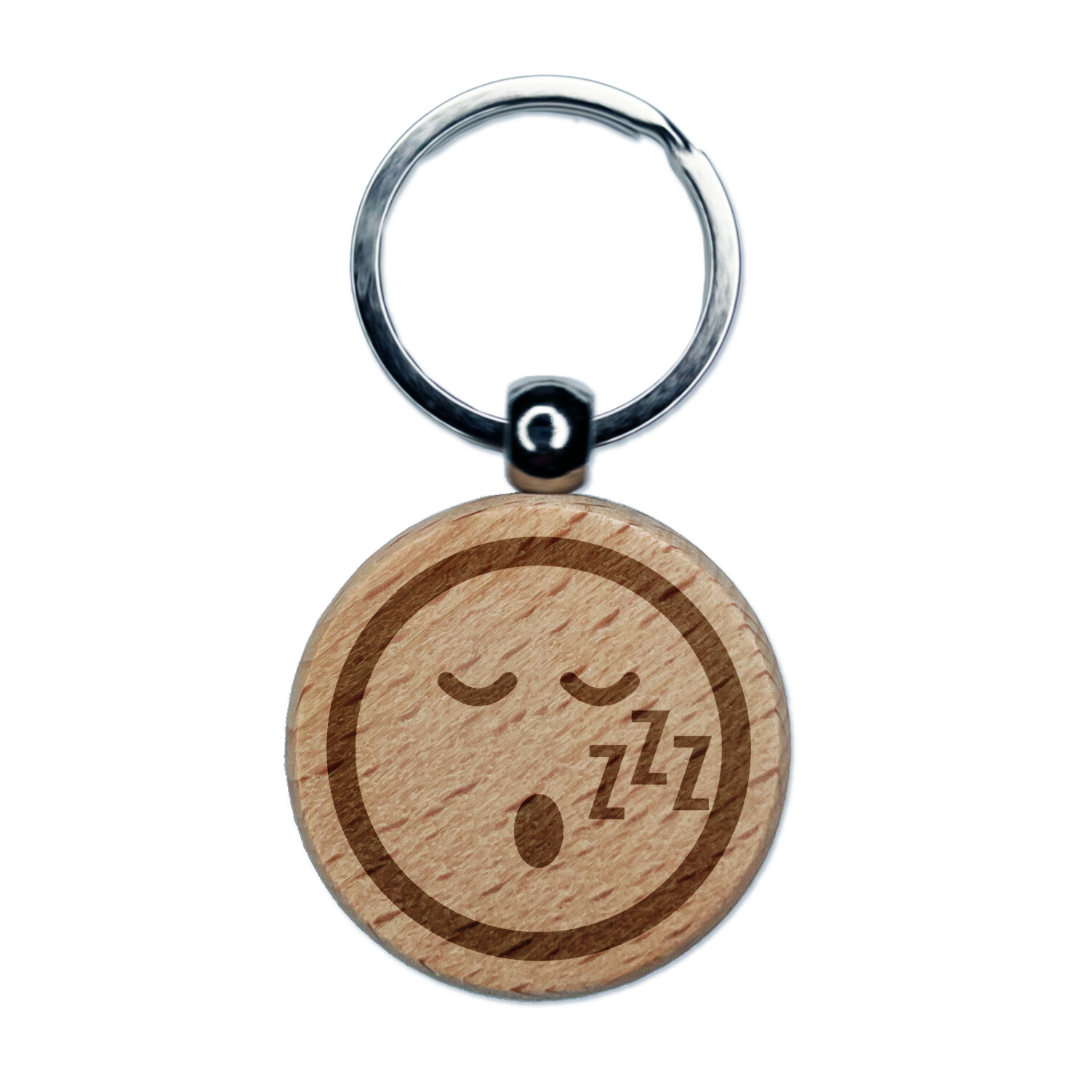Sleepy Face Emoticon Engraved Wooden Round Keychain Charm Tag