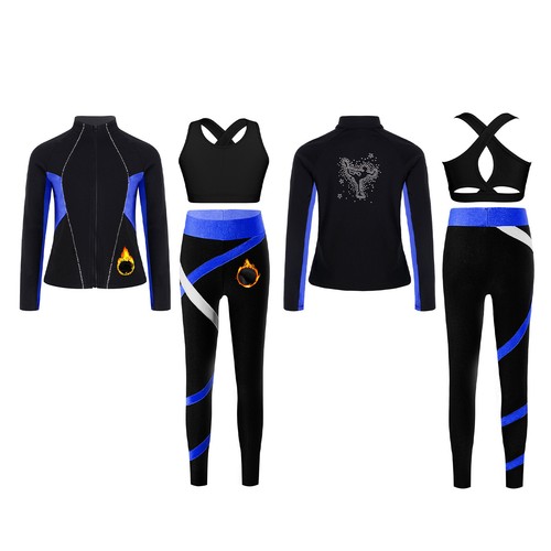 Kids Girls Figure Skating Outfit Fleece-Lined Sweatshirt +Leggings+Vest Sports - Picture 7 of 53