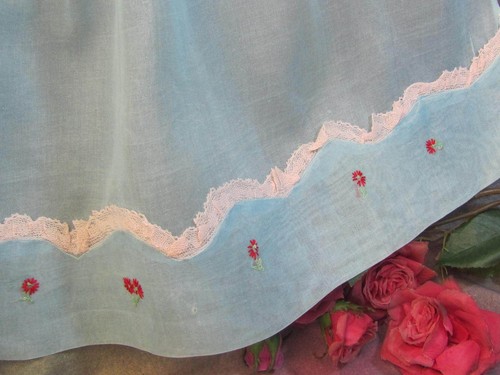 Antique Apron blue Linen voile fabric Cotton lace Embroidery Sewing Crafts Dolls - Picture 10 of 11