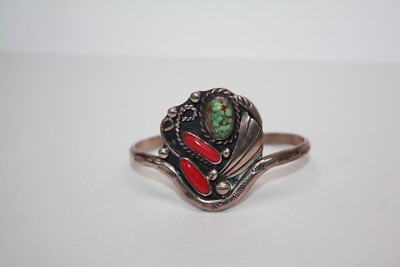 Vintage. Indianer Sterling Türkis, rote Koralle Armreif Armband signiert M[035GRS