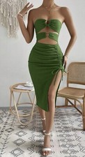 Green Cutout Drawstring Split Thigh Tube Dress