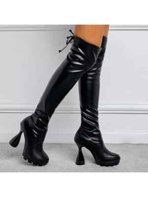 Overknee Stiefel Plateau Damen 9,5 cm schwarz glänzend Kunstleder 11850
