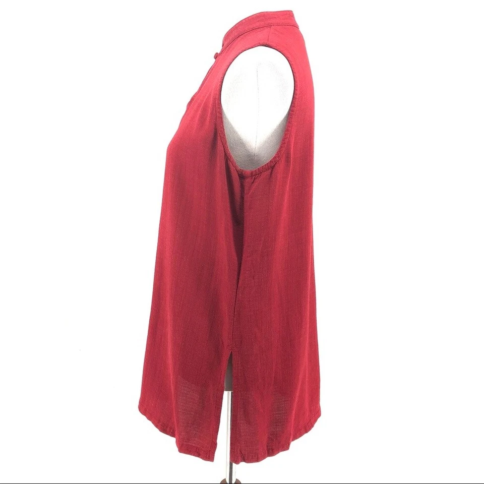 Women's Eileen Fisher Red Mandarin Collar Sleeveless Linen Blend Shirt Top sz MP - Image 3 of 4