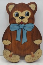 Vtg Handmade Wood Hand Painted Bear Childrens Robe Clothes Hanger Boy Blue Bow