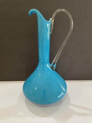 MCM Empoli Italy Cased Blown Glass Blue Clear Pitcher Ewer Vase Damaged - Picture 11 of 11